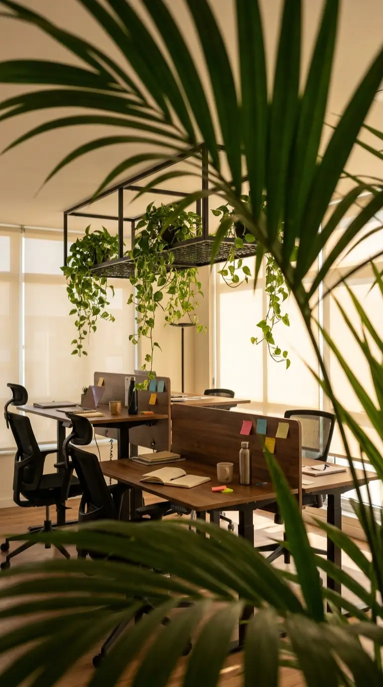 Helles Büro mit Bogenhanf und Hängepflanzen am Fenster