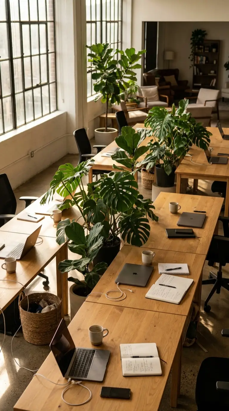 Helles Büro mit Grünpflanzen, Bogenhanf und Hängepflanzen am Fenster