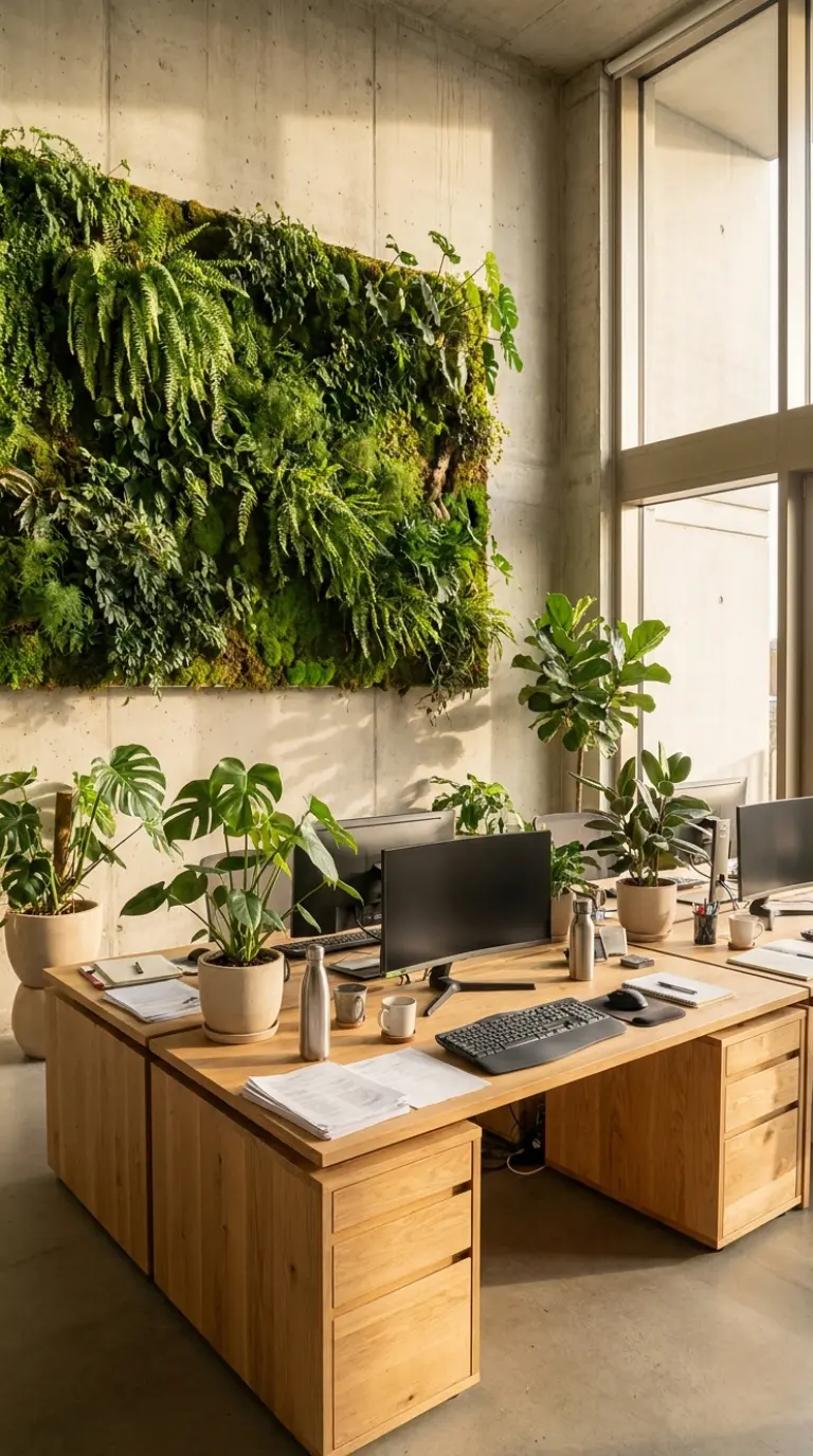 Helles Büro mit Grünpflanzen, Bogenhanf und Hängepflanzen am Fenster